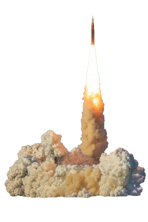 O foguetão Space Launch System da missão Artemis II a descolar sobre uma coluna intensa de fogo e fumo
